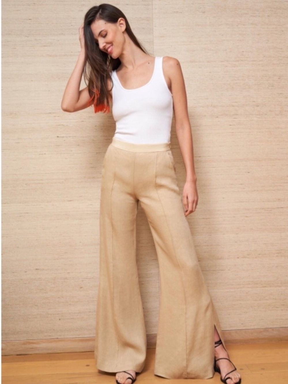 La Ligne Lizzy Wide Leg High-Rise Linen Blend Pants - Beige size 6